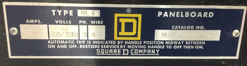 Square D Type MLW Filler Plate 6" x 14 3/4" with Breaker Opening, MLW- 7- 8050-2C, 800 amp, 120/208v, 3 ph,  4 wire