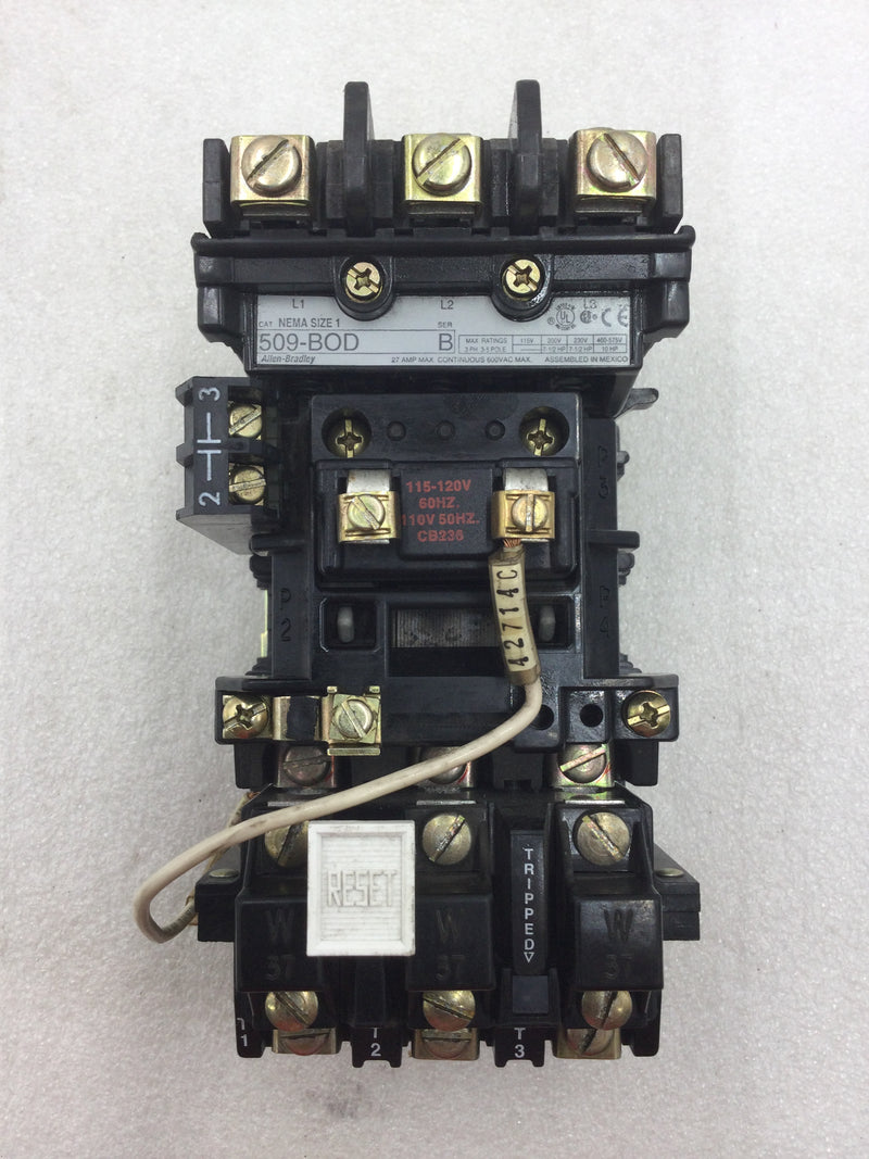 Allen-Bradley 509-BOD Starter Nema Size 1 3 Phase 27 Amp 600 VAC with Overload Relay with