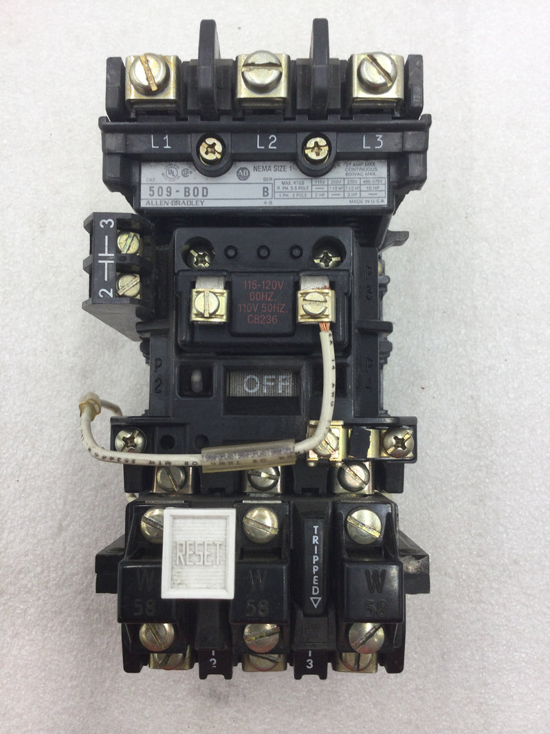 Allen-Bradley 509-BOD Starter Nema Size 1 3 Phase 27 Amp 600 VAC with Overload Relay with