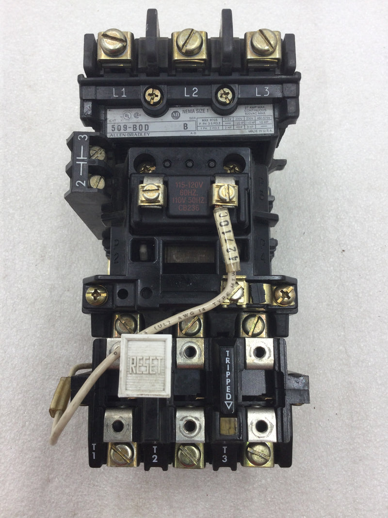 Allen-Bradley 509-BOD Starter Nema Size 1 3 Phase 27 Amp 600 VAC with Overload Relay and Auxiliary Contact Module