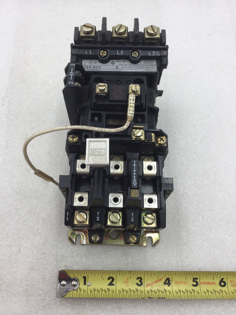 Allen-Bradley 509-BOD Starter Nema Size 1 3 Phase 27 Amp 600 VAC with Overload Relay and Auxiliary Contact Module