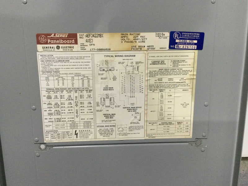 GE General Electric AEF3422MBX 225 Amp 480Y/277V 3-Phase 4 Wire 42-Circuit 208/120V MLO Panelboard