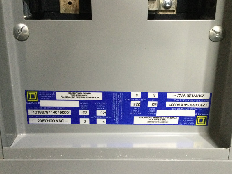 Square D 225 Amp 208Y/120V NQOD 42 Space Panelboard with Hinged Door Surface Mount Nema 1 Enclosure 35.5" x 20"