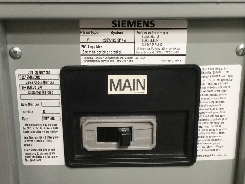 Siemens P1X42MC250C 250 Amp 208y/120 3 Pole 4 Wire Panel Board Interior 42 Circuit Panelboard