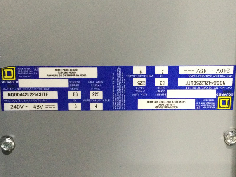 Square D NQOD442L225CUTF 225 Amp 240/120/208Volt 3 Ph/4 Wire 42 Space Type NQOD Panelboard 41" x 20"