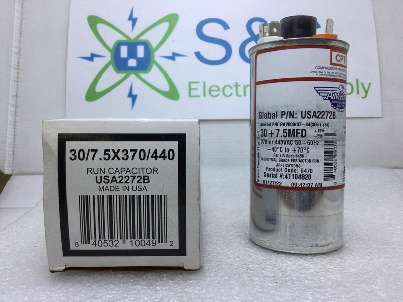 Amrad USA2272B RA2000/37-44(306+755) 30 + 7.5MFD +10%/-5% 370/440VAC 50/60Hz 70c/-40c Capacitor