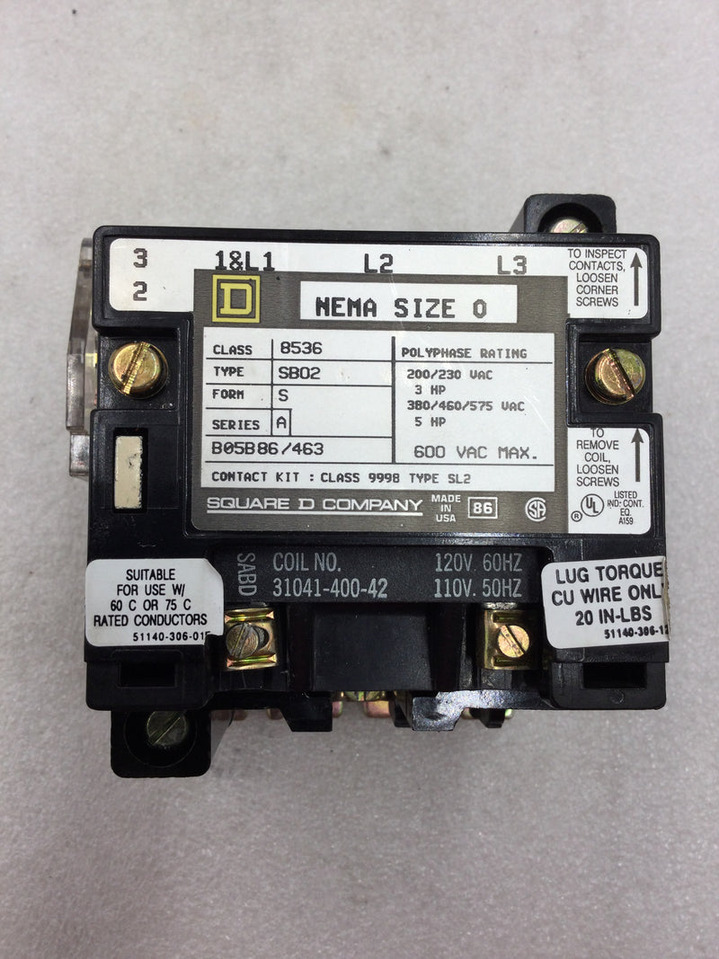 Square D 8536 SB0-2 Size 0 200-575 VAC Contactor 110-120 VAC Coil without Overload Relay and Rest Switch