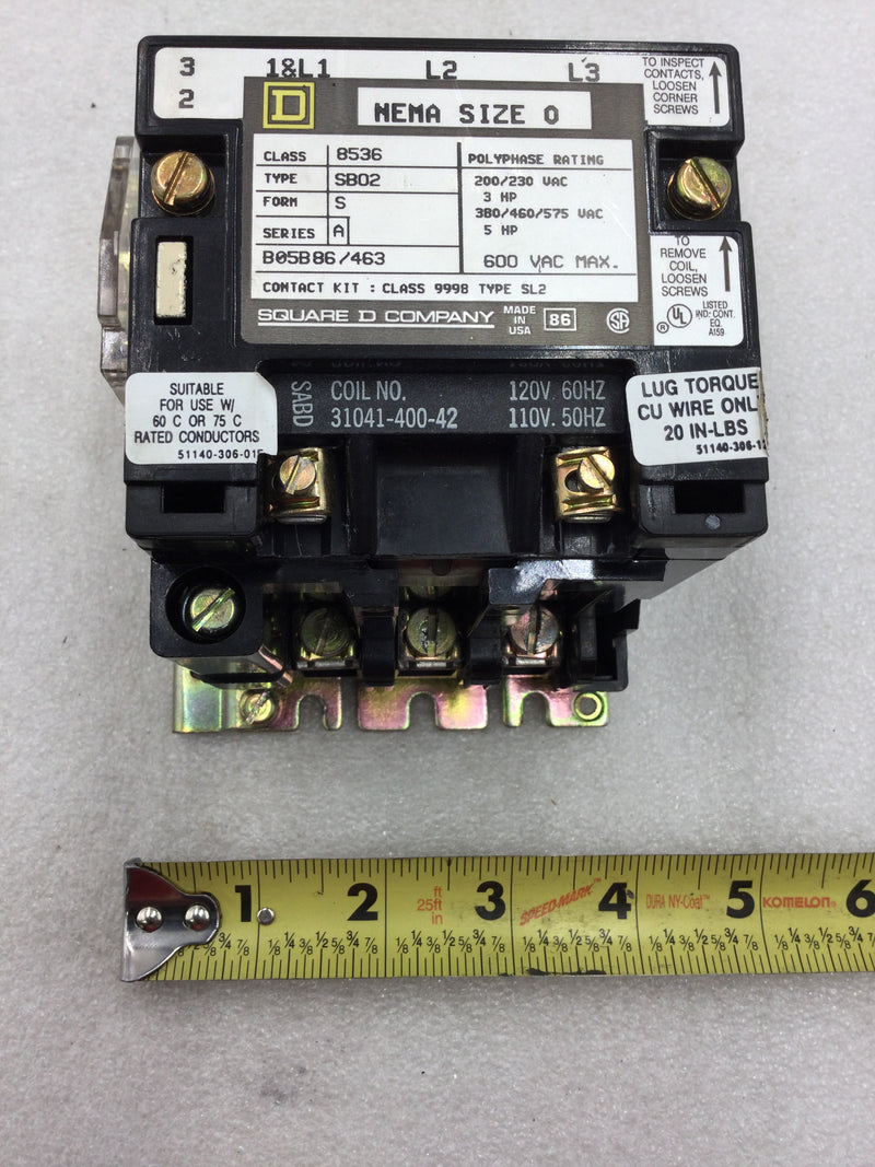 Square D 8536 SB0-2 Size 0 200-575 VAC Contactor 110-120 VAC Coil without Overload Relay and Rest Switch