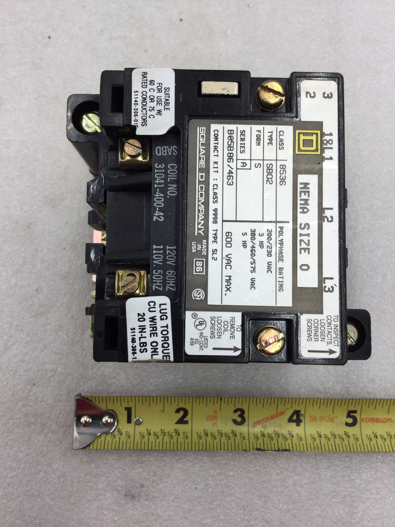 Square D 8536 SB0-2 Size 0 200-575 VAC Contactor 110-120 VAC Coil without Overload Relay and Rest Switch