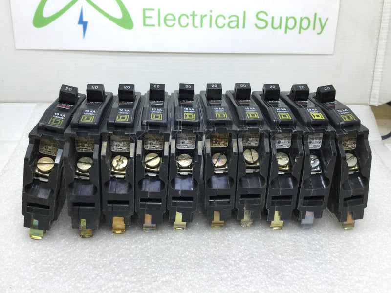 Lot of 10 - Square D QO120 Single Pole 20A 120/240VAC Type QO Circuit Breaker - Yellow Face White