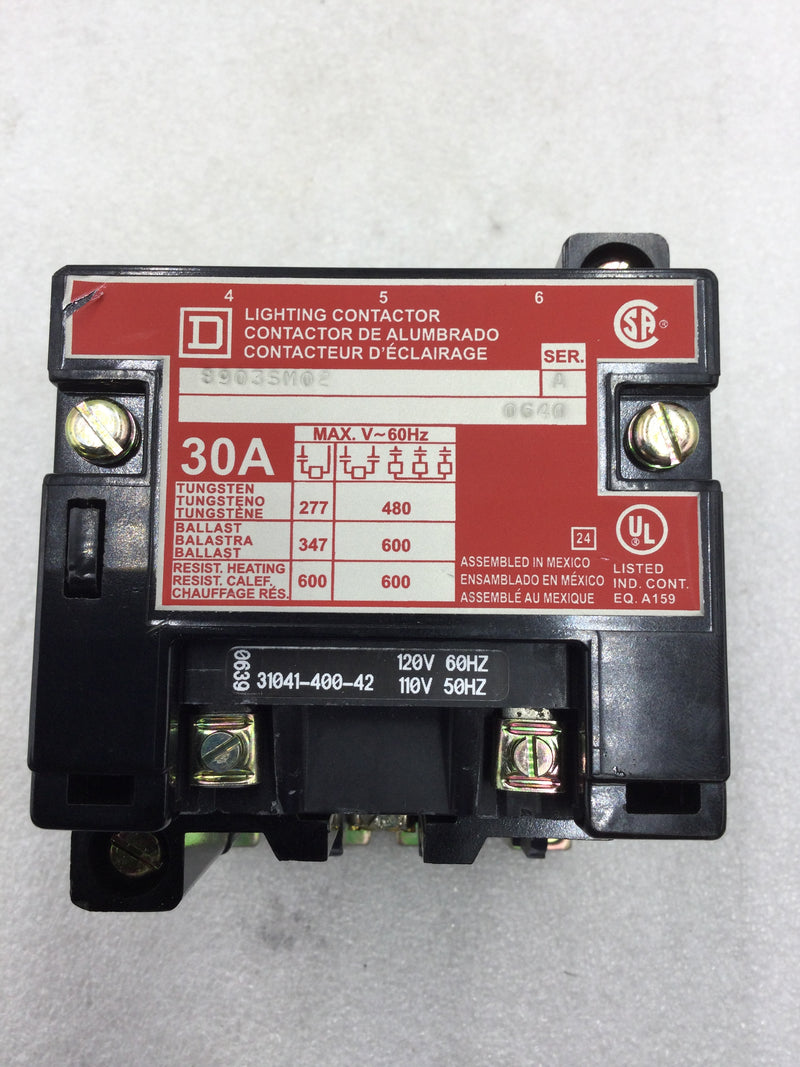 Square D 8903 SMO2 Series A Lighting Contactor 30 Amp 277-600 VAC 3 Pole 120 VAC Coil