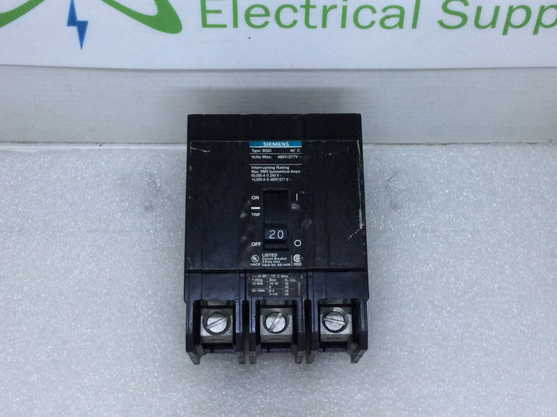 Siemens BQD320 20 Amp 3 Pole 480Y/277V AC Bolt-On Type BQD Circuit Breaker