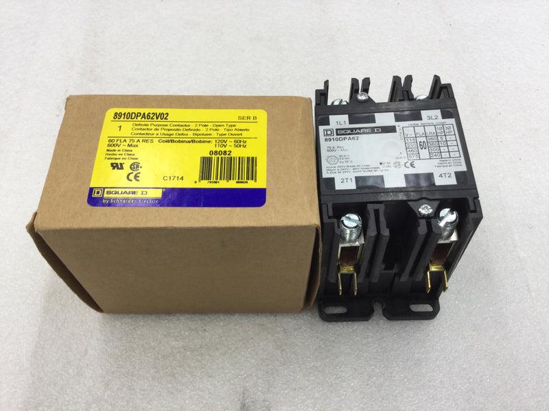 Square D 8910 DPA62V02 60 Amp 600 VAC Max 2 Pole 120 VAC Coil Definite Purpose Contactor