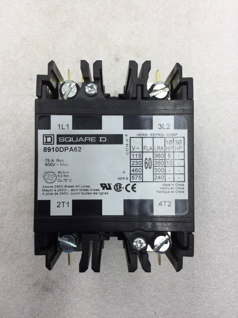 Square D 8910 DPA62V02 60 Amp 600 VAC Max 2 Pole 120 VAC Coil Definite Purpose Contactor