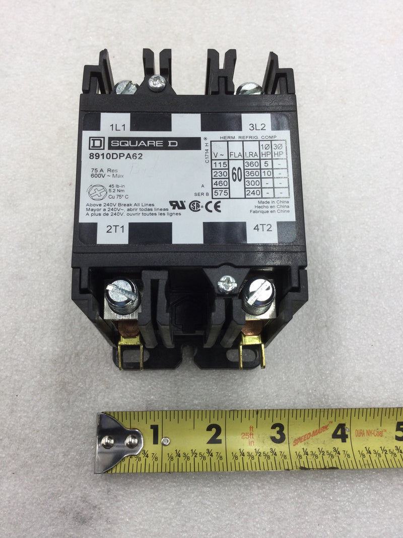 Square D 8910 DPA62V02 60 Amp 600 VAC Max 2 Pole 120 VAC Coil Definite Purpose Contactor