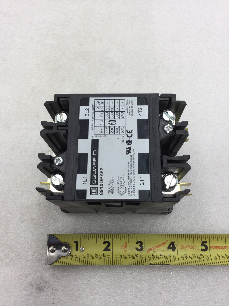 Square D 8910 DPA62V02 60 Amp 600 VAC Max 2 Pole 120 VAC Coil Definite Purpose Contactor