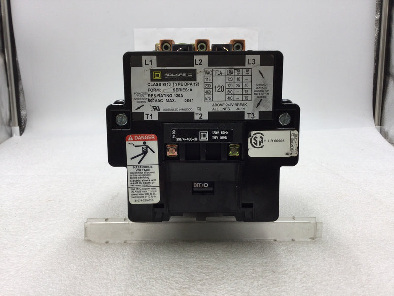 Square D 8910 DPA123 Definite Purpose Contactor 3 Pole 120 Amp 600 VAC 120 VAC Coil up to 75 HP