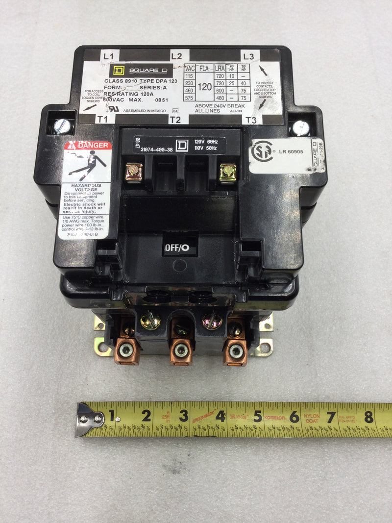 Square D 8910 DPA123 Definite Purpose Contactor 3 Pole 120 Amp 600 VAC 120 VAC Coil up to 75 HP