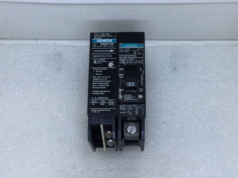 Siemens BQD130 30 Amp 1 Pole 277V Circuit Breaker - W/Shunt Trip