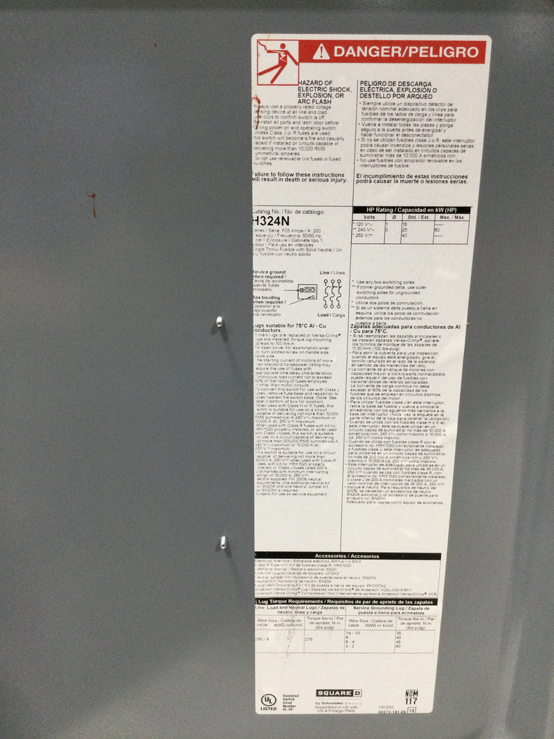 Square D H324N 200 Amp 3 Pole Fused 240V Heavy Duty Safety Switch