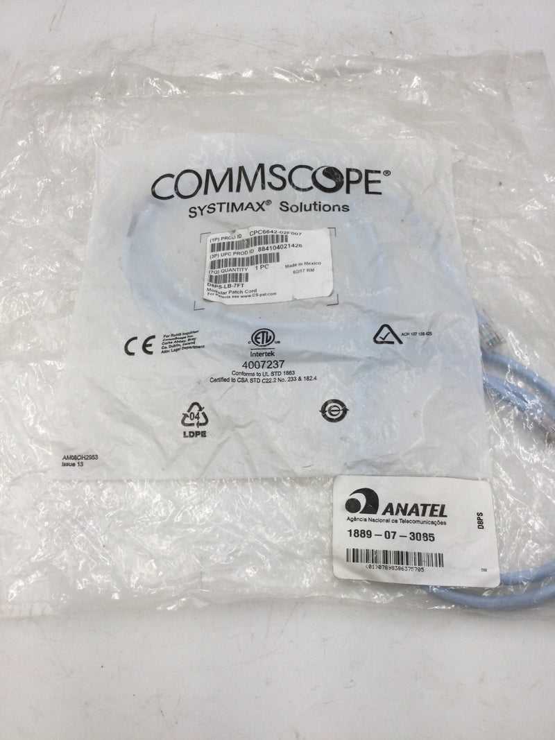 Commscope Systimax CPC6642-02F007 Cat 5e D8PS Patch Cord, 7 FT, Light Blue