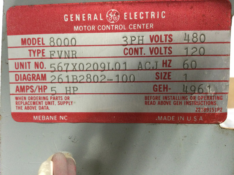 General Electric 8000-Line Control GE Model 8000 GEH-4961 MCC 12" Fusible Motor Starter Bucket Size 1 FVNR 5 HP