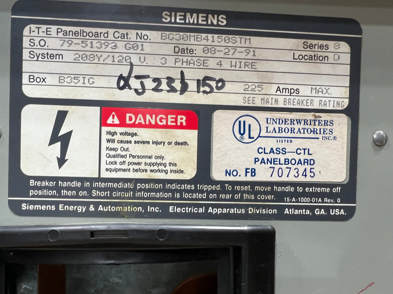 Siemens/ITE BG30MB4150STM 3 Phase 4 Wire 225A 208Y/120V 30 Circuit Series 8 Type BQ,BQH Panel Board