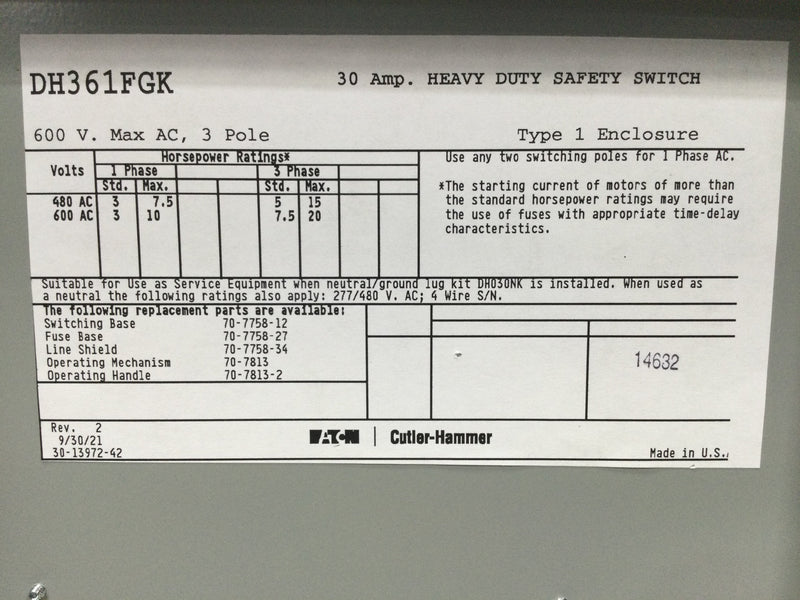 Eaton - Cutler Hammer DH361FGK Switch, Heavy Duty Safety, 3 Pole, 30A, Nema 1, Fusible - missing lower fuse block