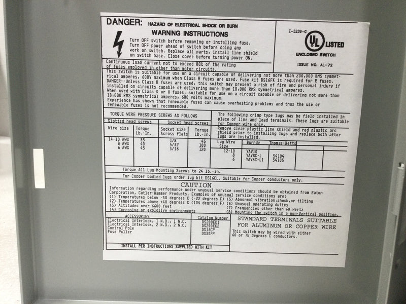 Eaton - Cutler Hammer DH361FGK Switch, Heavy Duty Safety, 3 Pole, 30A, Nema 1, Fusible - missing lower fuse block