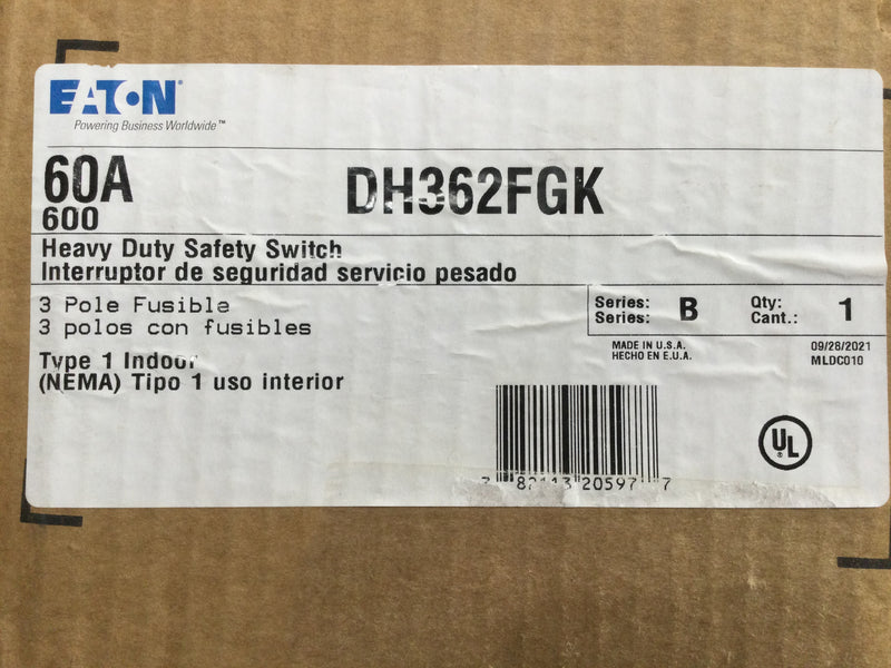 Eaton/Cutler-Hammer DH362FGK, 60A, 3 Pole, 600VAC, Fused, Nema1 Safety Switch