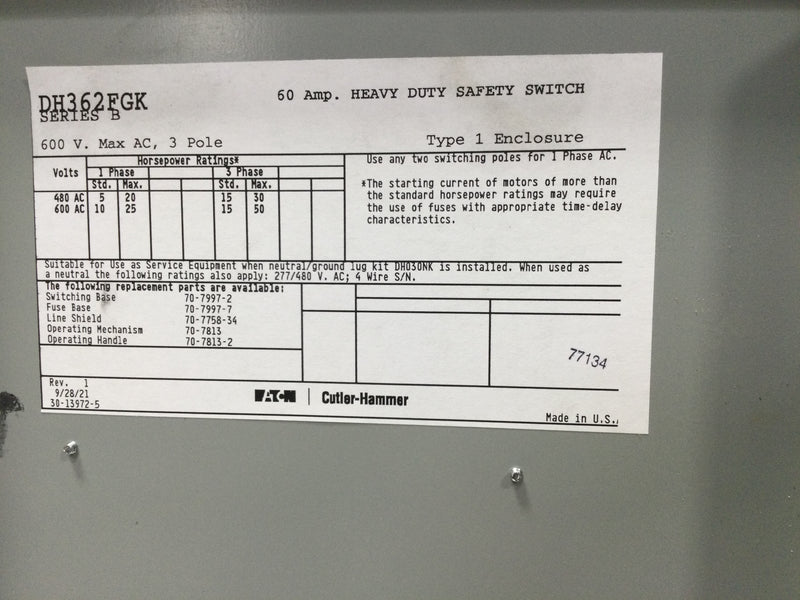 Eaton/Cutler-Hammer DH362FGK, 60A, 3 Pole, 600VAC, Fused, Nema1 Safety Switch