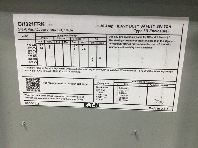 Eaton DH321FRK Eaton Enhanced visible blade single-throw safety switch, 30 A, NEMA 3R, Fusible without neutral, Three-pole, Three-wire, 240 V