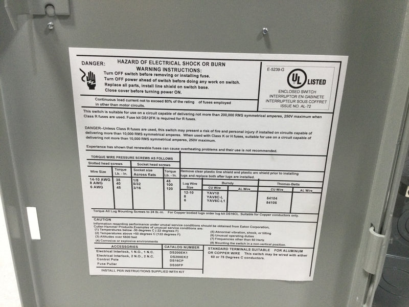 Eaton DH321FRK Eaton Enhanced visible blade single-throw safety switch, 30 A, NEMA 3R, Fusible without neutral, Three-pole, Three-wire, 240 V