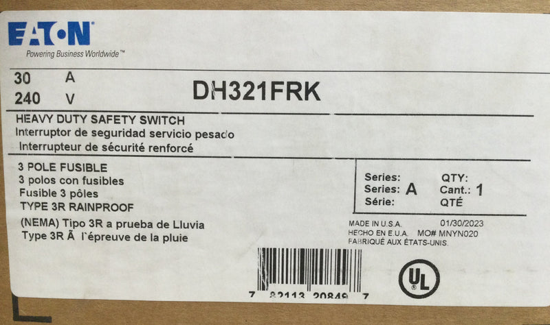 Eaton DH321FRK Eaton Enhanced visible blade single-throw safety switch, 30 A, NEMA 3R, Fusible without neutral, Three-pole, Three-wire, 240 V