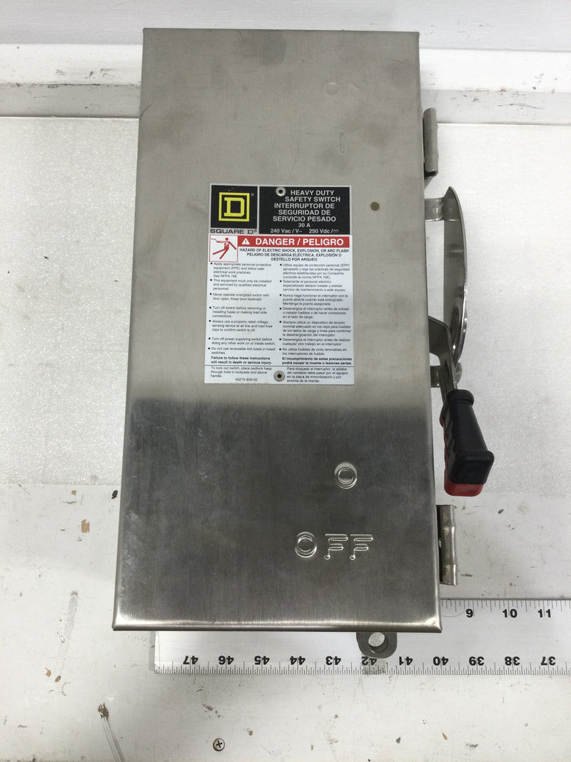 Square D/Schneider Electric H321DS Safety Switch, Heavy Duty, Fusible, 30A, 3 Wire, 3 Pole, 7.5hp, 240VAC/250VDC, NEMA 4, 4X, 5, 304 Stainless Steel