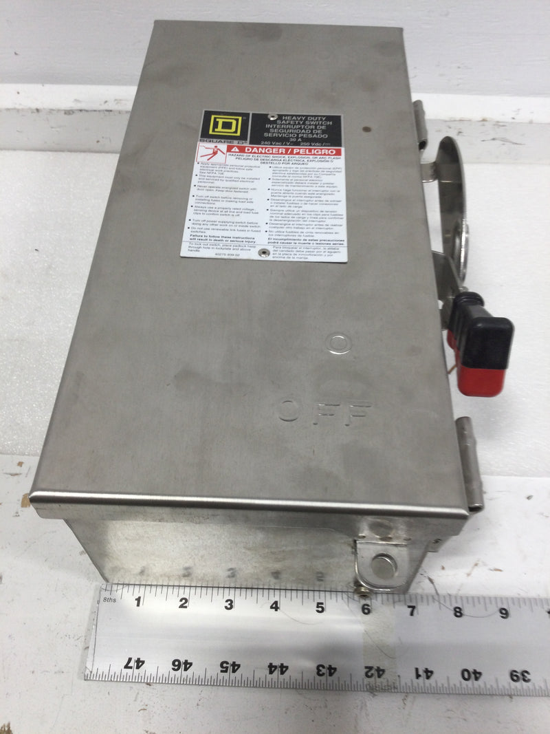 Square D/Schneider Electric H321DS Safety Switch, Heavy Duty, Fusible, 30A, 3 Wire, 3 Pole, 7.5hp, 240VAC/250VDC, NEMA 4, 4X, 5, 304 Stainless Steel