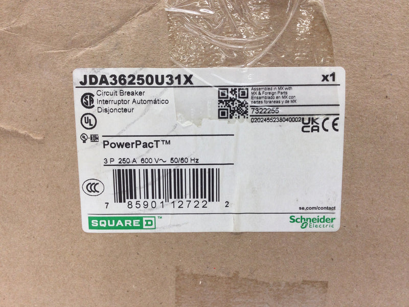 Square D JDA36250U31X JD250 250 Amp 3 Pole PowerPact Circuit Breaker