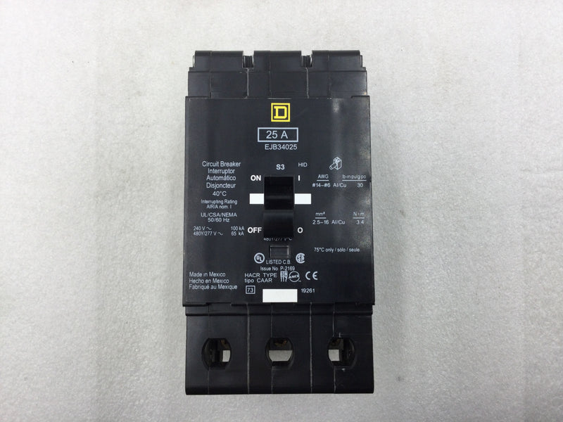 Square D EJB34025 3 Pole 25 Amp 480V Circuit Breaker