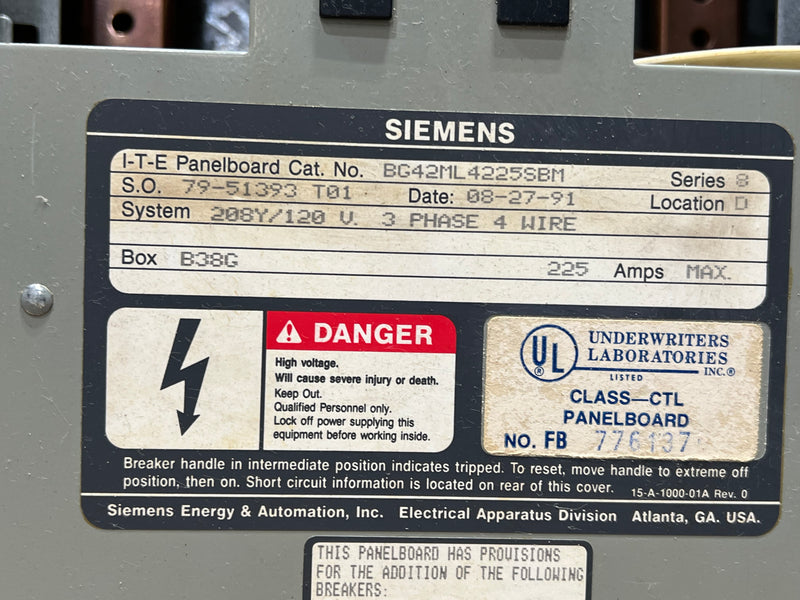 Siemens ITE BG42ML225SBM Series 8 42 Space 208Y/120V 3 Phase 4 Wire