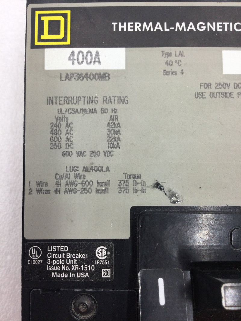 Square D LAP36400MB 3 Pole 400A 600VAC Type LAP/MB Circuit Breaker - Gray Label