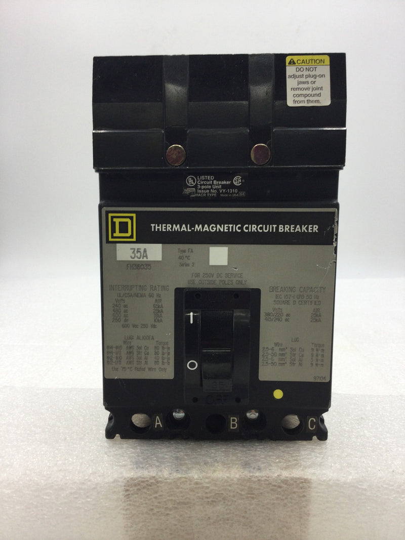 Square D FH36035 3 Pole 35 Amp 240/480/600 VAC Type FA Circuit Breaker