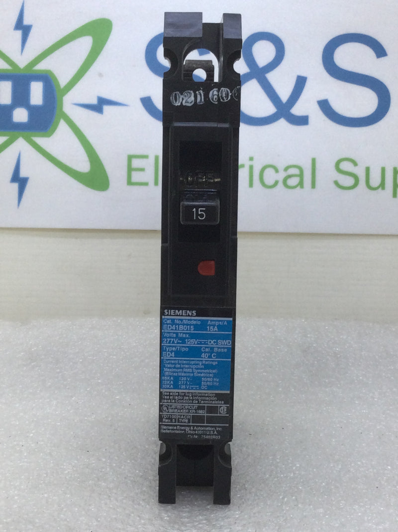 Siemens ED41B015 15 Amp Single Pole 277V Type ED4 Circuit Breaker