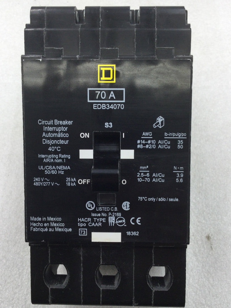 Square D EDB34070 70 Amp 480 Volt 3 Pole Bolt on Circuit Breaker