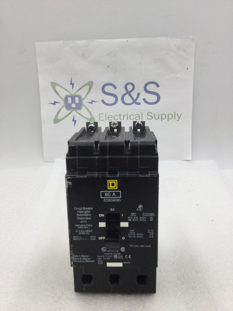 Square D EDB34080 80 Amp 480y/277vac 3 Pole Bolt On Type EDB Circuit Breaker