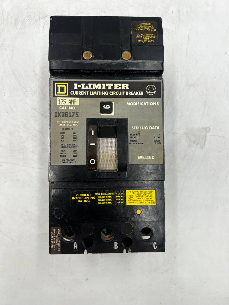 Square D IK36175 3 Pole 175 Amp 200 KAIC 600VAC Type IK I-Line Circuit Breaker