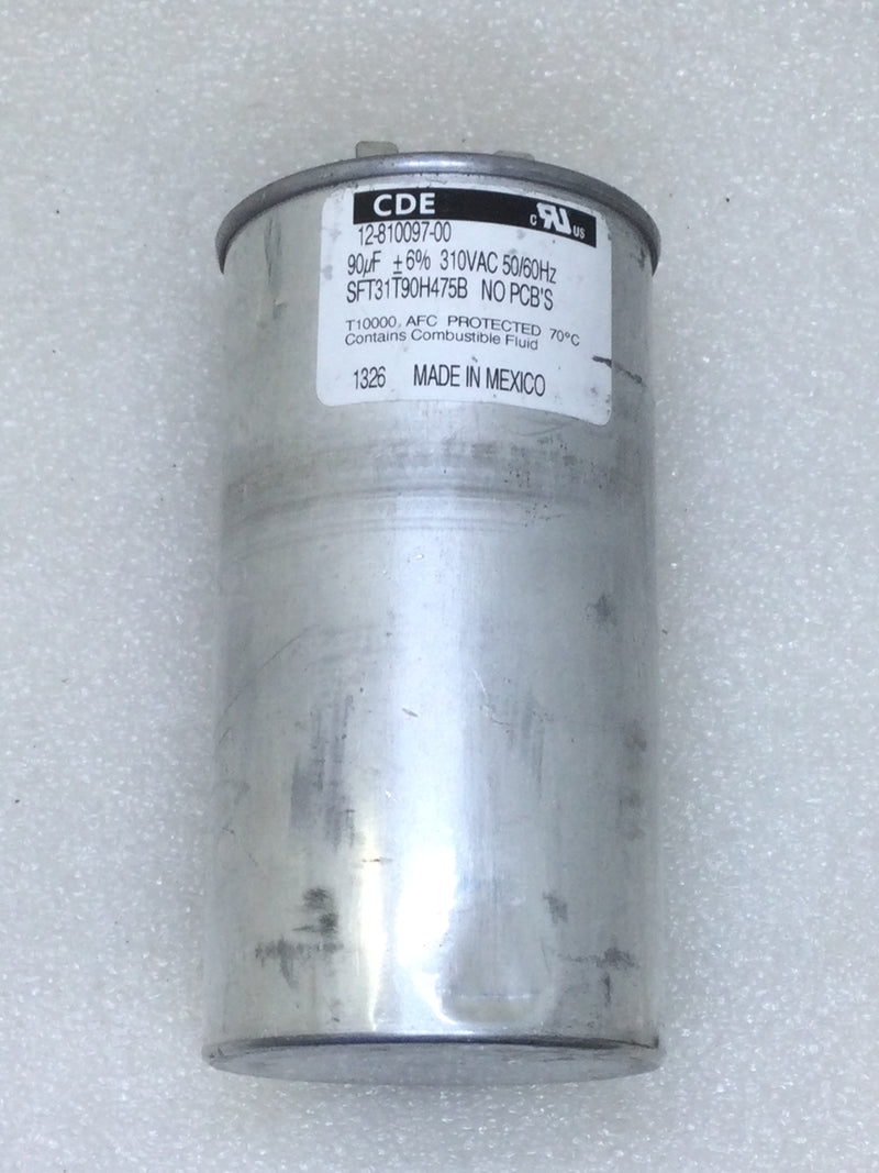 CDE SFT31T90H475B Capacitor (Oval) 90uf +/-6% 310 VAC 50/60 Hz (12-810097-00)