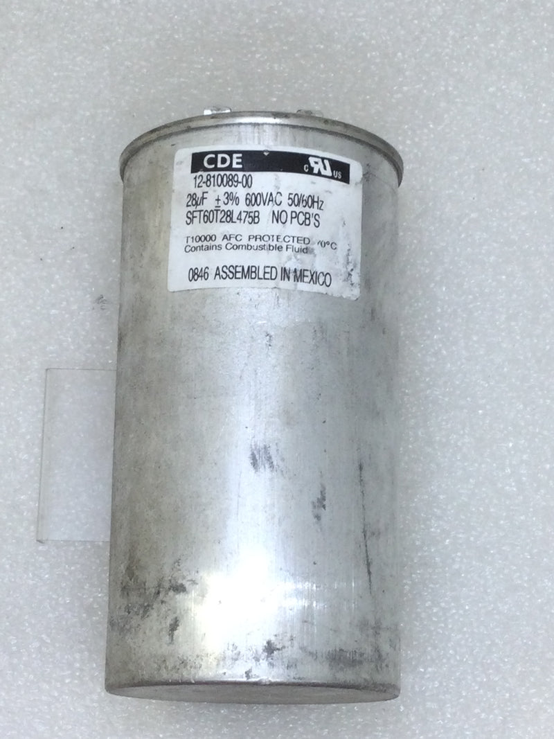 CDE SFT60T28L475B Oval Capacitor 28uf +/-3% 600 VAC 50/60 Hz (12-810089-00)