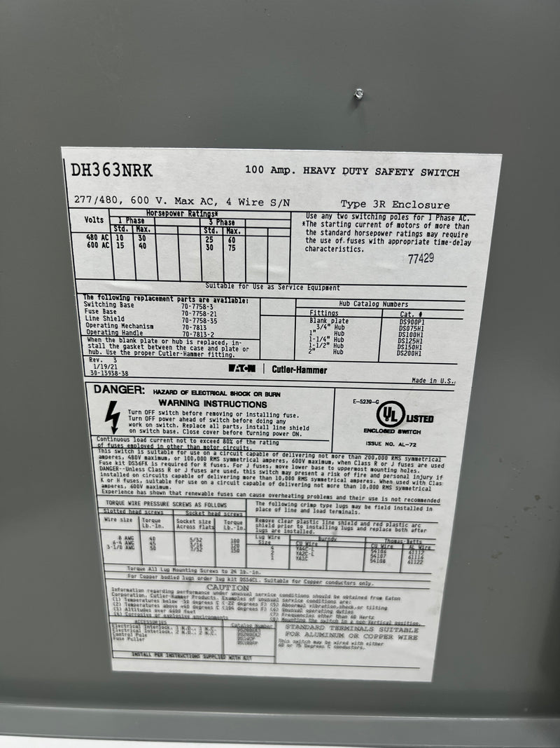 Eaton DH363NRK Safety Switch Type 3R 100a 600v 3p Fused 100 Amp