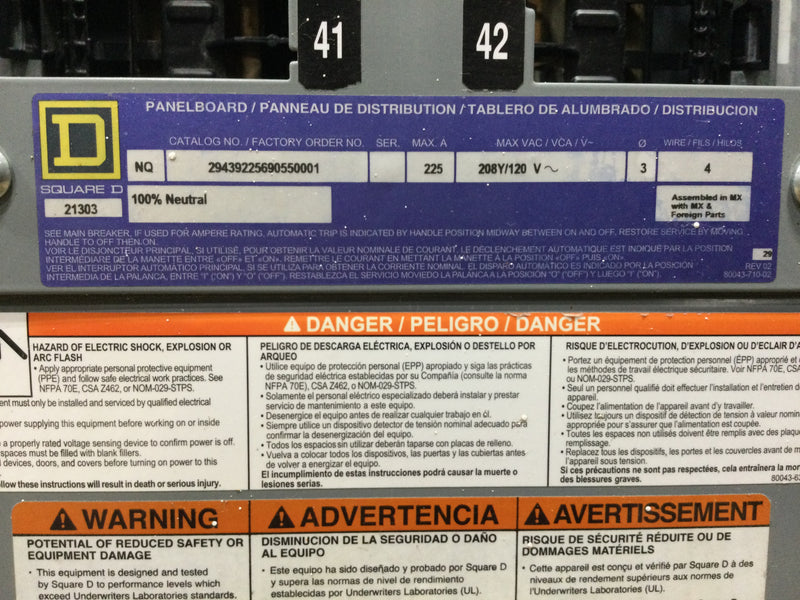 Square D Type NQ 225 Amp 3 Phase 4 Wire 208Y/120V NQ Panelboard 21 Space /42 Circuit