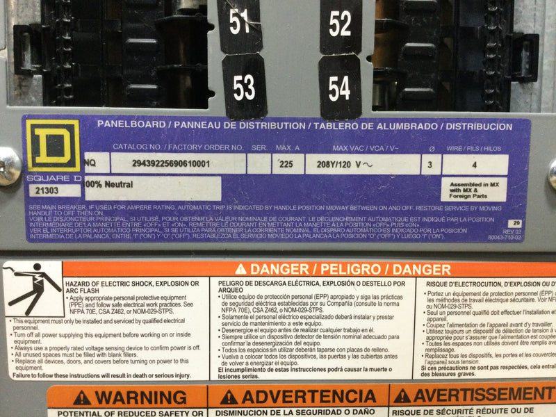 Square D Type NQ 225 Amp 3 Phase 4 Wire 208Y/120V NQ Panelboard 27 Space / 54 Circuit